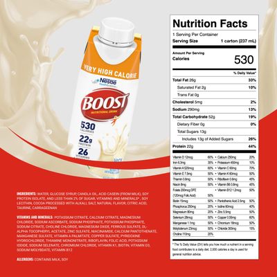 Boost Very High Calorie Vanilla Nutritional Drink - 22g Protein, 530 Nutrient Rich Calories, 8 Fl Oz (Pack of 24)