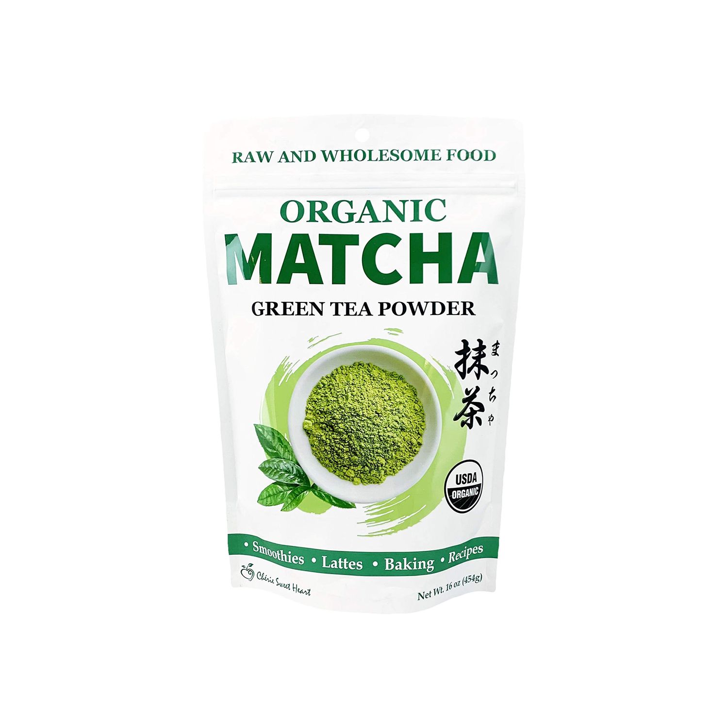 Cherie Sweet Heart Organic Matcha Powder - Matcha Green Tea Powder For Cooking, Baking, Latte, Smoothie, Hot &amp; Iced Drinks - Antioxidant-Rich, Helps Support Digestive Health - No Gluten, Vegan 16oz