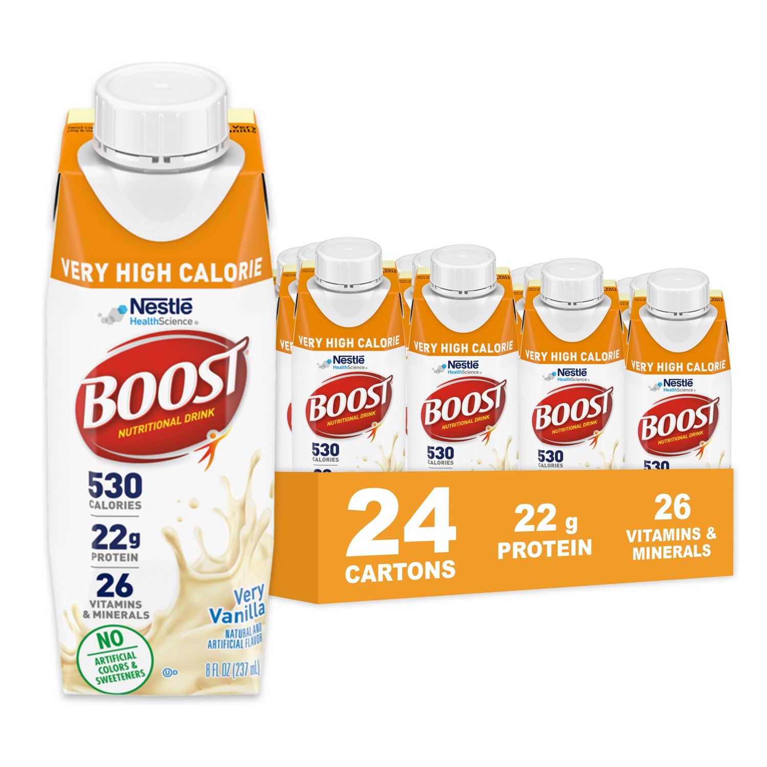 Boost Very High Calorie Vanilla Nutritional Drink - 22g Protein, 530 Nutrient Rich Calories, 8 Fl Oz (Pack of 24)