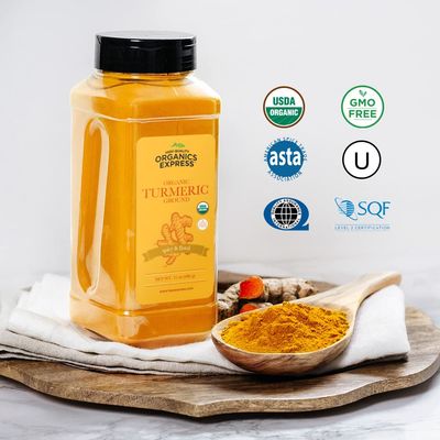 HQOExpress - USDA Certified Organic - Non GMO - Ground Turmeric Spice Powder Seasoning For Cooking - Sustainably Grown - Kosher - 21 oz. Chef Jar