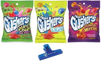 Gushers Fruit Snacks, Super Sour Berry, Tropical, and Flavor Mixers, 4.25 Ounce (Pack of 18) - with Make Your Day Bag Clip