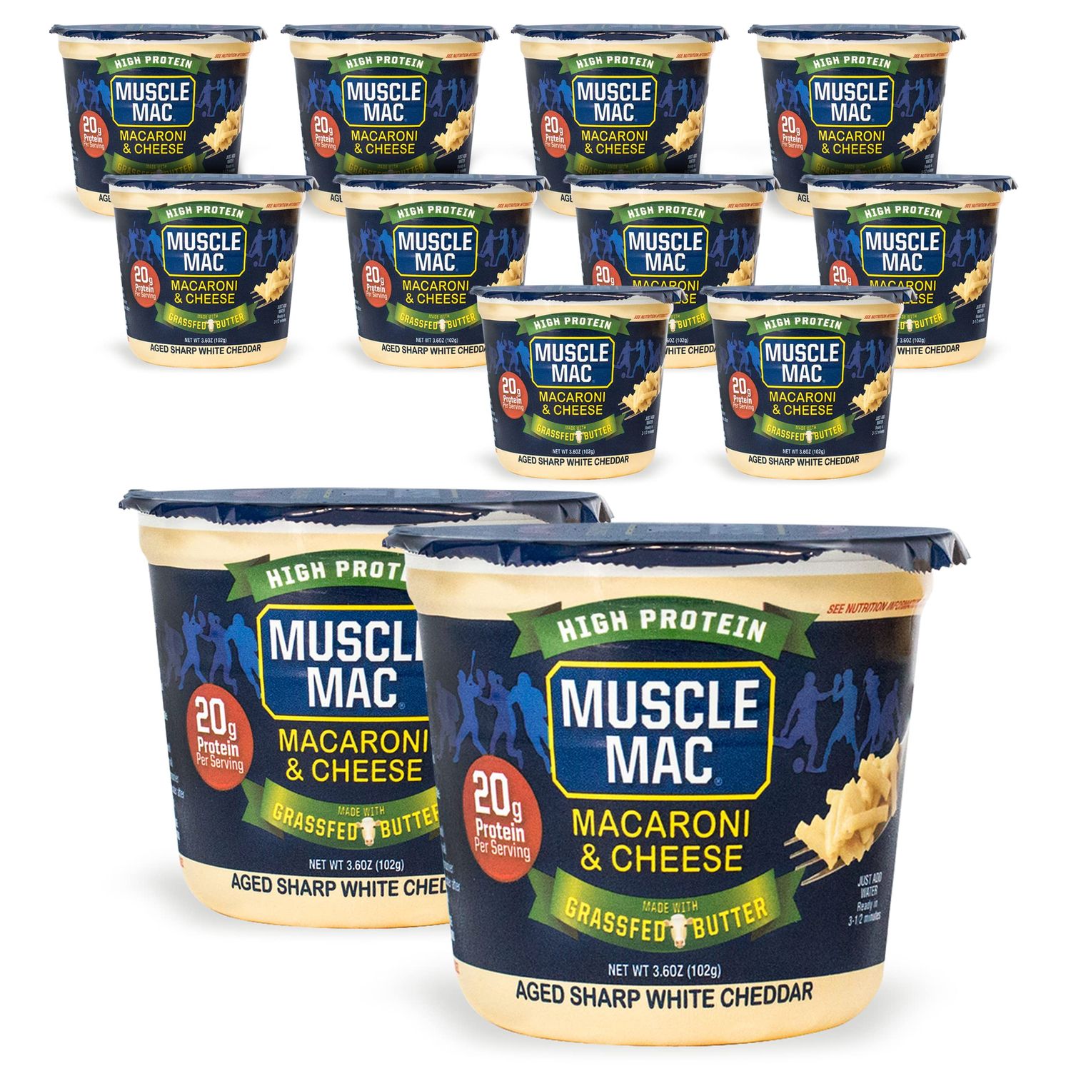 Muscle Mac Microwavable Macaroni &amp; Cheese Cups - Aged Sharp White Cheddar Cheese - Made With Real Cheese &amp; Butter from GrassFed Cows - Vegetarian-Friendly Pea Protein - 3.6 oz. (Pack of 12)