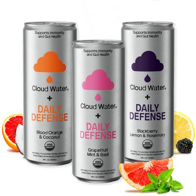 Immune Support &amp; Gut Health Daily Defense by Cloud Water w/Vitamin C, Vitamin D3, Zinc &amp; Prebiotic Soda, Flavored Sparkling Water Cans, Variety Pack, Organic, No Stevia, 12 Pk (12 FL oz)