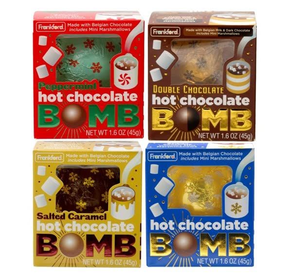 Hot Chocolate BOMB 4 Pack, Flavors include (1) Original Flavor Melting Ball, (1) Salted Caramel, (1) Double Chocolate, &amp; (1) Peppermint Hot Cocoa Gift By Frankford Candy