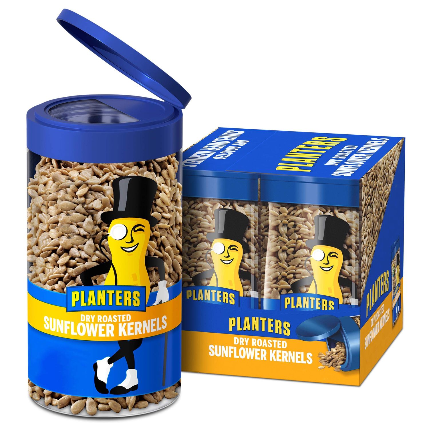 PLANTERS Pop &amp; Pour Dry Roasted Sunflower Seeds, Road Trip Snack, Plant-Based Protein, Snacks on the Go, After School Snack, Sport Snack, Bulk Nuts, Kosher, 5.85oz Jar (4 Count)