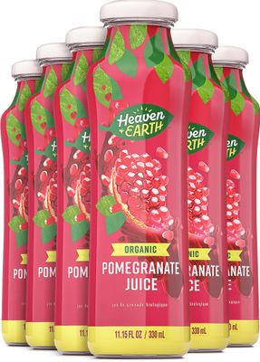 Heaven &amp; Earth 100% Pure Organic Pomegranate Juice 11.15oz (6 Pack), NO Concentrate! Cold Pressed, Non GMO Verified, No Sugar Added, No Preservatives