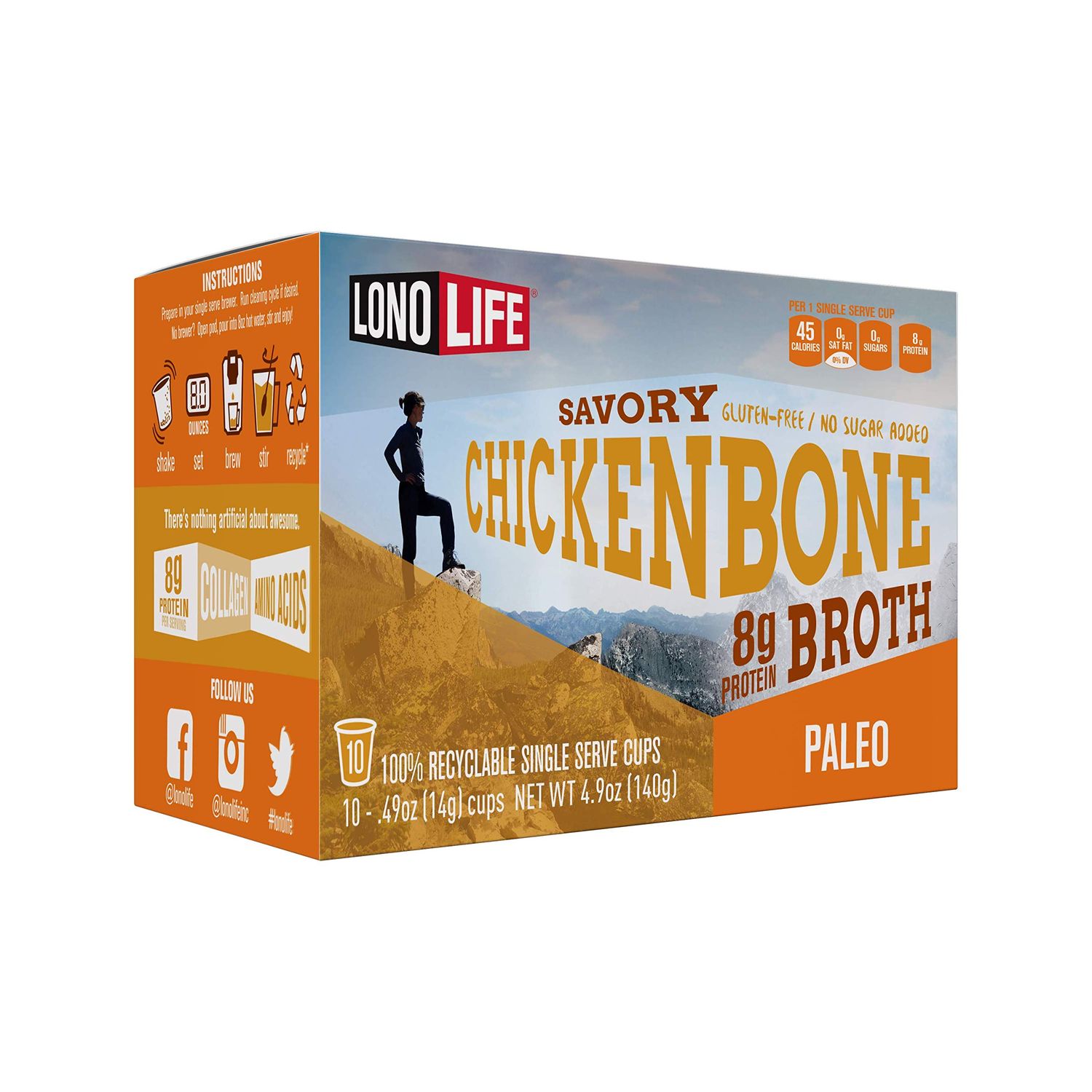 LonoLife Chicken Bone Broth Powder Mix | 10g Protein | Collagen-Rich, Keto &amp; Paleo Friendly | Natural Ingredients | 10 Single-Serve Cups