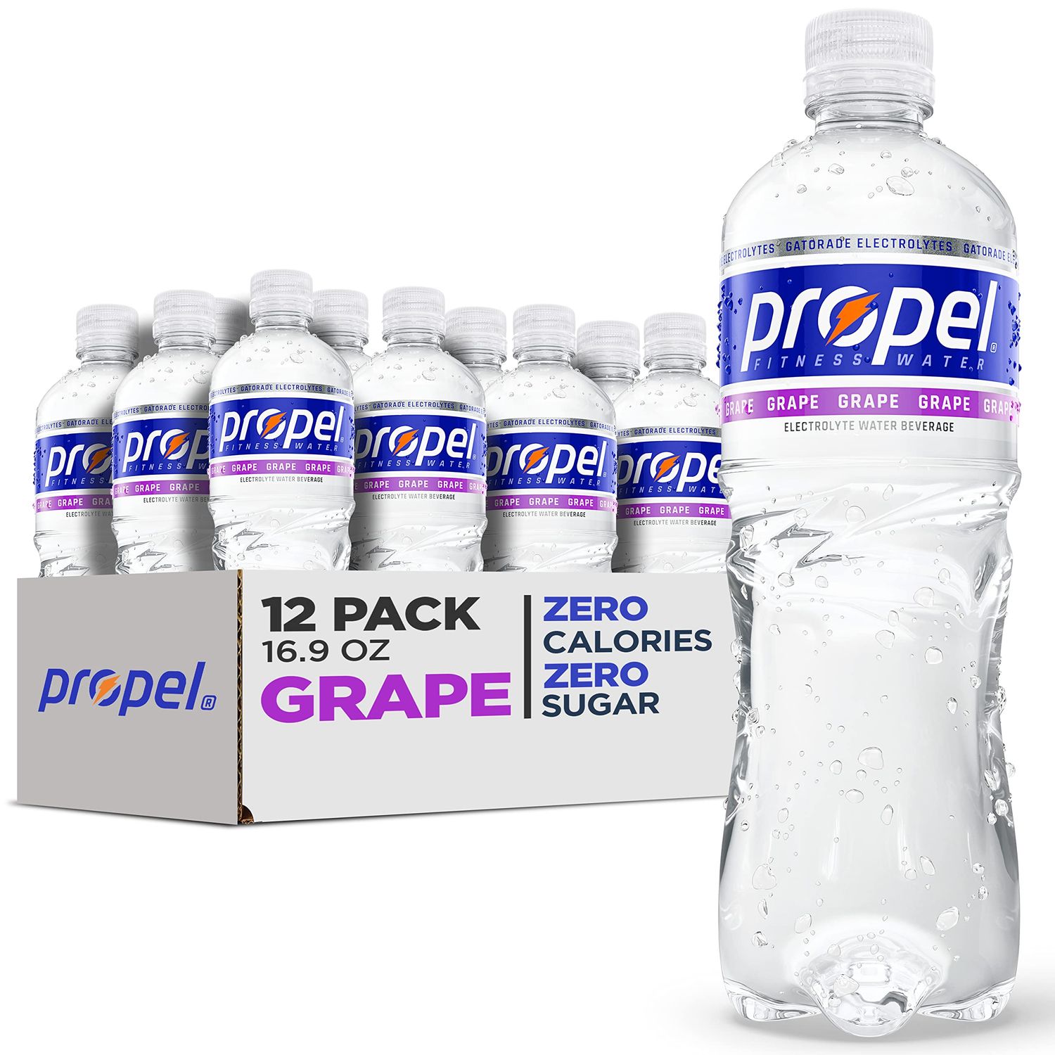 Propel, Grape, Zero Calorie Sports Drinking Water with Electrolytes and Vitamins C&amp;E, 16.9 Fl Oz (Pack of 12)