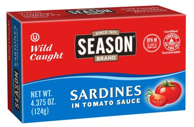 Season Sardines in Tomato Sauce - Wild Caught, 22g of Protein, Keto Snacks, More Omega 3&#39;s Than Tuna, Kosher, High in Calcium, Canned Sardines - 4.37 Oz Tins, 12-Pack