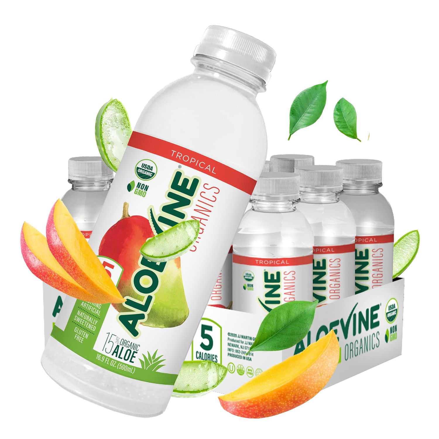 Aloe Vera Juice, No-Pulp Organic Aloe Vera Drink, Healthy Juice with Aloe Powder and Lemon Juice, 5 Calories, Low Sugar, No Artificial Ingredients, 16.9 oz, 12 Pack, Tropical - Aloevine Organics