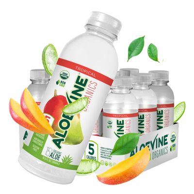 Aloe Vera Juice, No-Pulp Organic Aloe Vera Drink, Healthy Juice with Aloe Powder and Lemon Juice, 5 Calories, Low Sugar, No Artificial Ingredients, 16.9 oz, 12 Pack, Tropical - Aloevine Organics