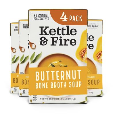 Butternut Squash Chicken Bone Broth Soup by Kettle and Fire, Pack of 4, Gluten Free Collagen Soup on the Go, Paleo, 9 g of protein, 16.2 fl oz