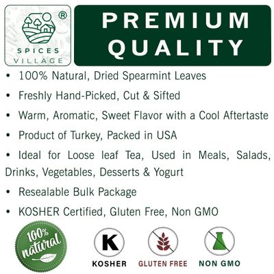 Spices Village Mint Leaves, 2 Oz - Fresh Dried Spearmint Herbs, Crushed Mint Spice Great for Loose Leaf Tea, Dry Mint Powder, Cut and Sifted - Kosher, Gluten Free, Non GMO, Resealable Bulk Bag
