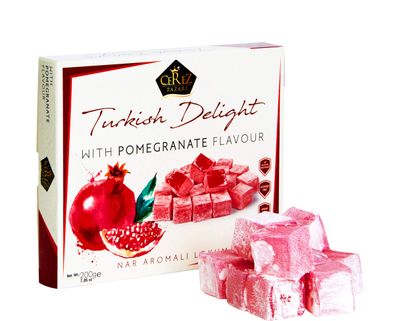 Cerez Pazari Turkish Delight with Pomegranate Flavour 200 gr Gourmet Small Size Snacks Gift Box No Nuts Sweet Luxury Traditional Confectionery Vegan Candy Dessert Glucose Free Lokum Approx.18 Pcs