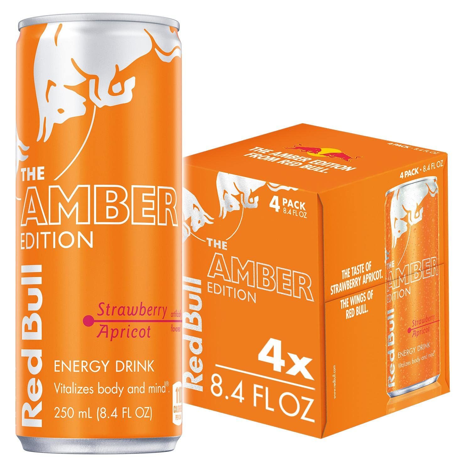 Red Bull Amber Edition Energy Drink, Strawberry Apricot, with 80mg Caffeine plus Taurine &amp; B Vitamins, 8.4 Fl Oz, Pack of 4 Cans