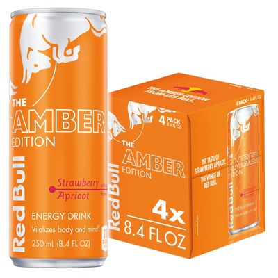 Red Bull Amber Edition Energy Drink, Strawberry Apricot, with 80mg Caffeine plus Taurine &amp; B Vitamins, 8.4 Fl Oz, Pack of 4 Cans