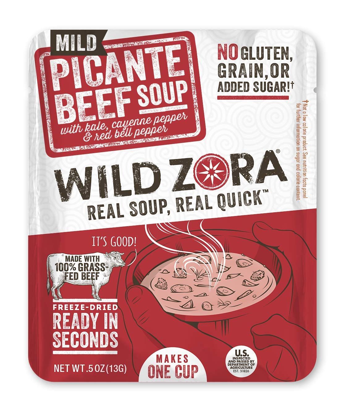 Wild Zora Instant Keto-Friendly Soups Picante Beef 8-pack Broth Made with 100% Grass-Fed Beef, and Vegetables, Gluten-Free, Grain Free, Low Carb, No Added Sugar, Flavorful Pantry Staples - 0.5oz/13g