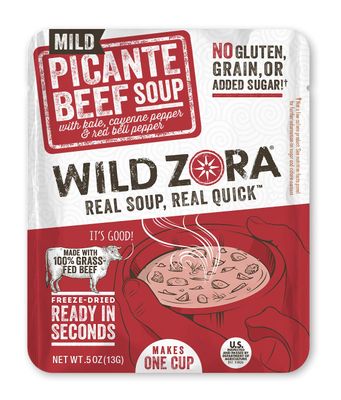 Wild Zora Instant Keto-Friendly Soups Picante Beef 8-pack Broth Made with 100% Grass-Fed Beef, and Vegetables, Gluten-Free, Grain Free, Low Carb, No Added Sugar, Flavorful Pantry Staples - 0.5oz/13g