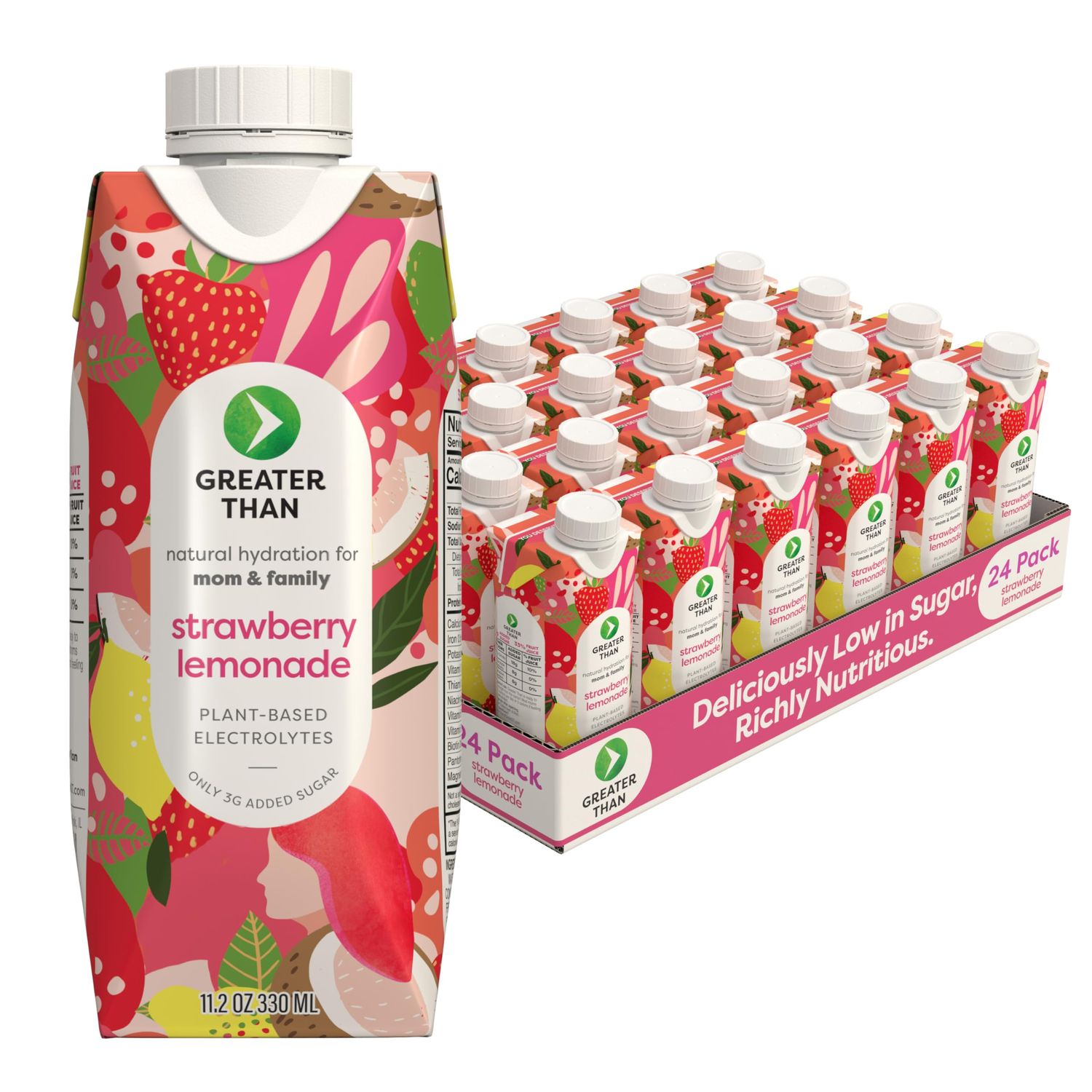 Greater Than Lactation Supplement Support, Coconut Water, Vitamins &amp; Electrolyte Drink for Breastfeeding &amp; Immune Support, Lactation Cookies Alt, Gluten Free, Low Sugar, 12 Pack, Strawberry Lemonade
