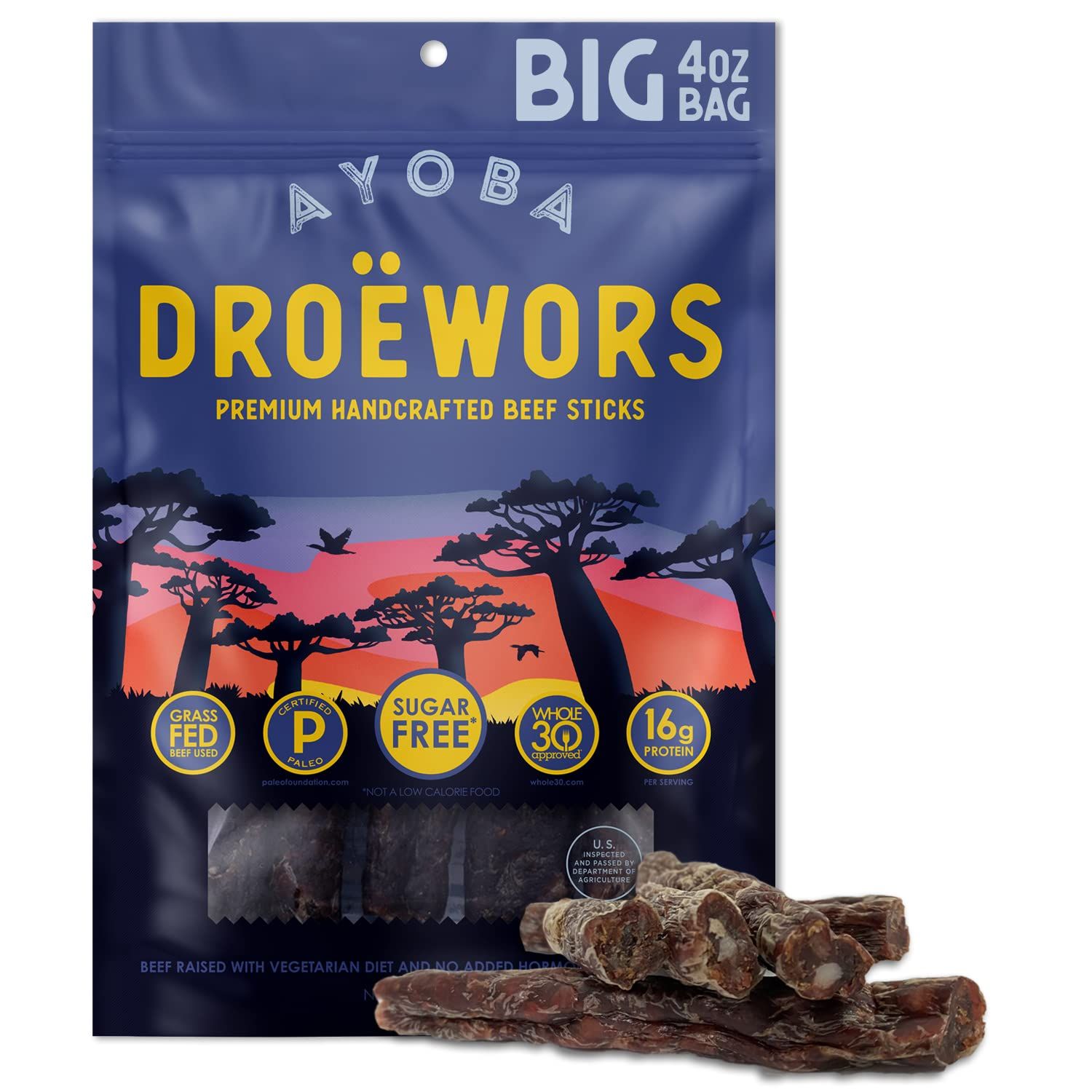 Ayoba Droewors Grass Fed Beef Paleo Sticks (4 Ounce, Pack of 1) Keto Friendly, Air-Dried Grass Fed Beef Snack - Gluten Free, Nitrate Free, No Sugar, Meat Snacks