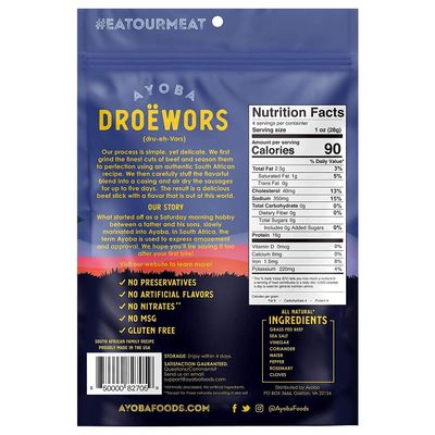 Ayoba Droewors Grass Fed Beef Paleo Sticks (4 Ounce, Pack of 1) Keto Friendly, Air-Dried Grass Fed Beef Snack - Gluten Free, Nitrate Free, No Sugar, Meat Snacks