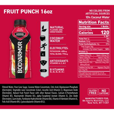 BODYARMOR Sports Drink Sports Beverage, Fruit Punch, Natural Flavors With Vitamins, Potassium-Packed Electrolytes, No Preservatives, Perfect For Athletes, 16 Fl Oz (Pack of 12)