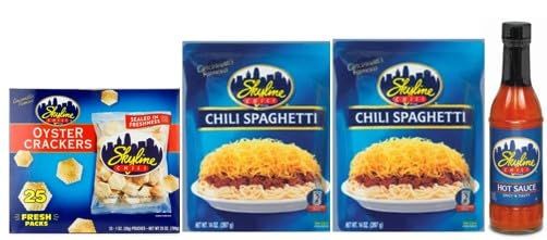 Skyline Chili &amp; Spaghetti Bundle Starter Kit - (2) Chili &amp; Spaghetti Pouches + (1) Bottle of Skyline Hot Sauce + (1) Skyline Oyster Cracker 25ct-1oz bags