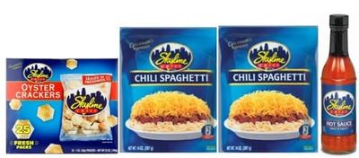 Skyline Chili &amp; Spaghetti Bundle Starter Kit - (2) Chili &amp; Spaghetti Pouches + (1) Bottle of Skyline Hot Sauce + (1) Skyline Oyster Cracker 25ct-1oz bags