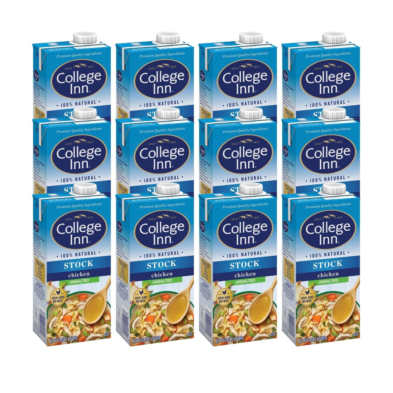 COLLEGE INN Unsalted Chicken Stock, 12 Pack, 32 oz Carton
