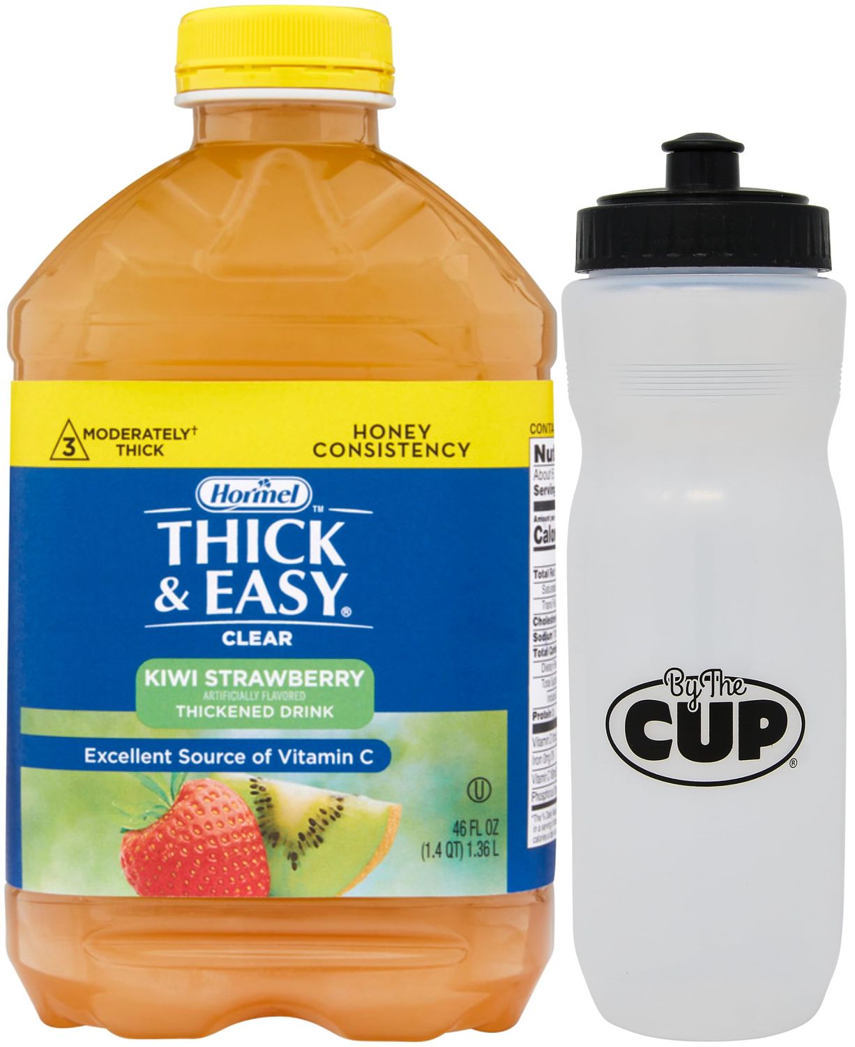 Thick &amp; Easy Clear Thickened Kiwi Strawberry Flavored Drink, Honey Consistency, 46 oz with By The Cup Water Bottle