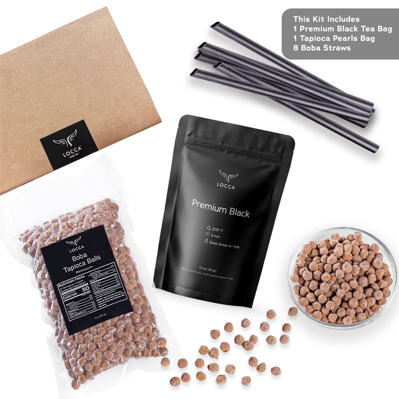 Locca Boba Tea Kit | Black Milk Tea Boba Kit | 8 Servings Premium Boba Kit with Chewy Tapioca Pearls | Boba Balls Boba Making Kit for Kids Teens Adults | Sago Pearls Boba Milk Tea Kit | Bubble Tea Set