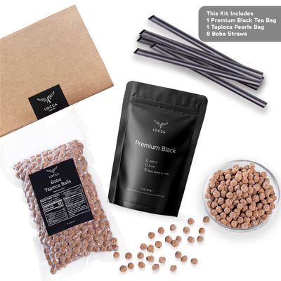 Locca Boba Tea Kit | Black Milk Tea Boba Kit | 8 Servings Premium Boba Kit with Chewy Tapioca Pearls | Boba Balls Boba Making Kit for Kids Teens Adults | Sago Pearls Boba Milk Tea Kit | Bubble Tea Set