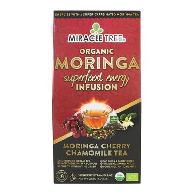 Miracle Tree&#39;s Moringa Energy Tea - Cherry Chamomile Tea | Super Caffeinated Blend | Healthy Coffee Alternative, Perfect for Focus | Organic Certified &amp; Non-GMO | 16 Pyramid Sachets