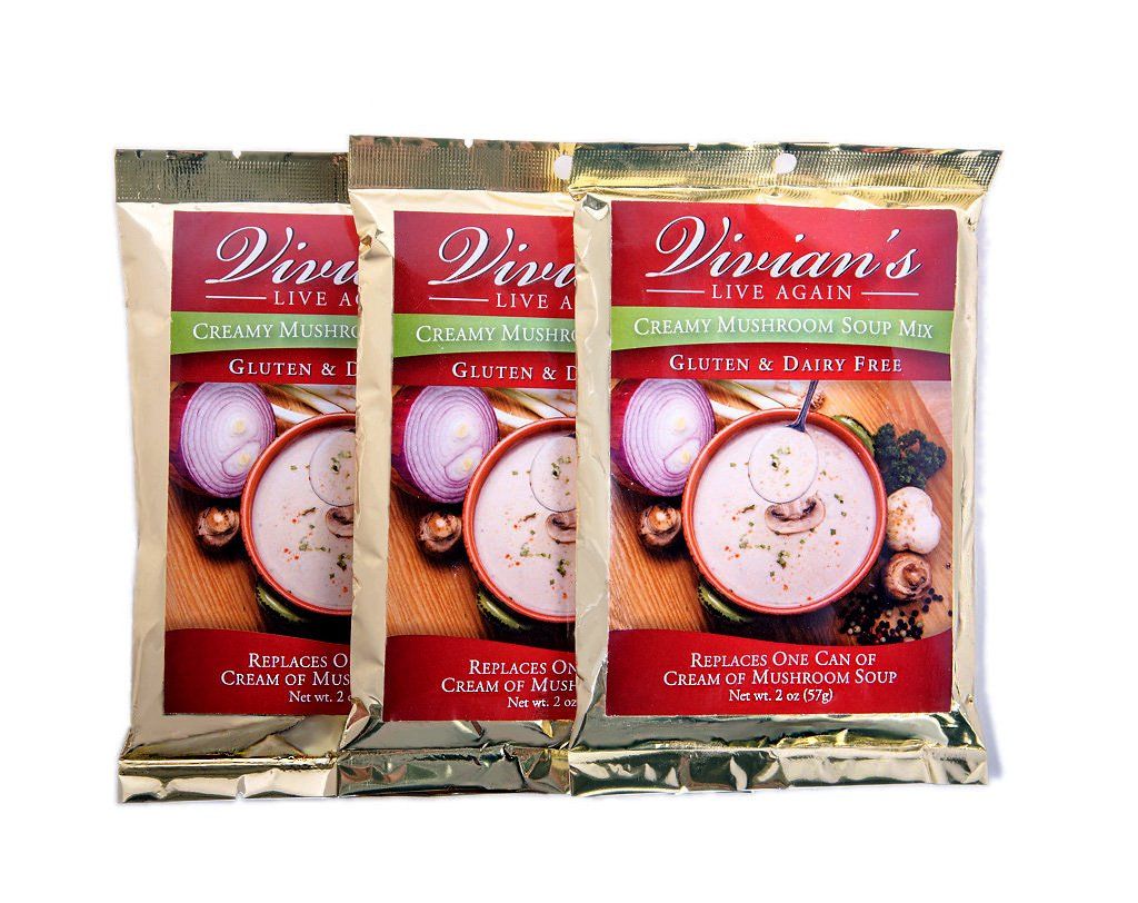 Vivian&#39;s Live Again Gluten Free Cream of Mushroom Soup Mix - Dairy Free and Vegan, Shelf Stable Mix for Delicious Creamy Mushroom Soup - 3 Pack