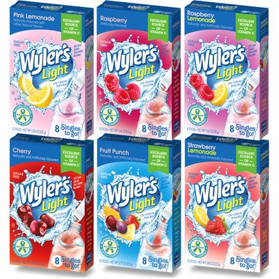 Wyler&#39;s Light Singles To Go Drink Mix, Variety 6 Pack, Pink Lemonade, Strawberry Lemonade, Fruit Punch, Cherry, Raspberry, and Raspberry Lemonade (48 Drink Sticks Total)