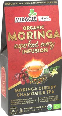 Miracle Tree's Moringa Energy Tea - Cherry Chamomile Tea | Super Caffeinated Blend | Healthy Coffee Alternative, Perfect for Focus | Organic Certified &amp; Non-GMO | 16 Pyramid Sachets
