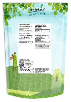 Food to Live Mango Powder, 12 Ounces - From Raw Dried Fruit, Unsulfured, Vegan, Bulk, Great for Baking, Juices, Smoothies, Yogurts, and Instant Breakfast Drinks, No Sulphites, Contains Maltodextrin