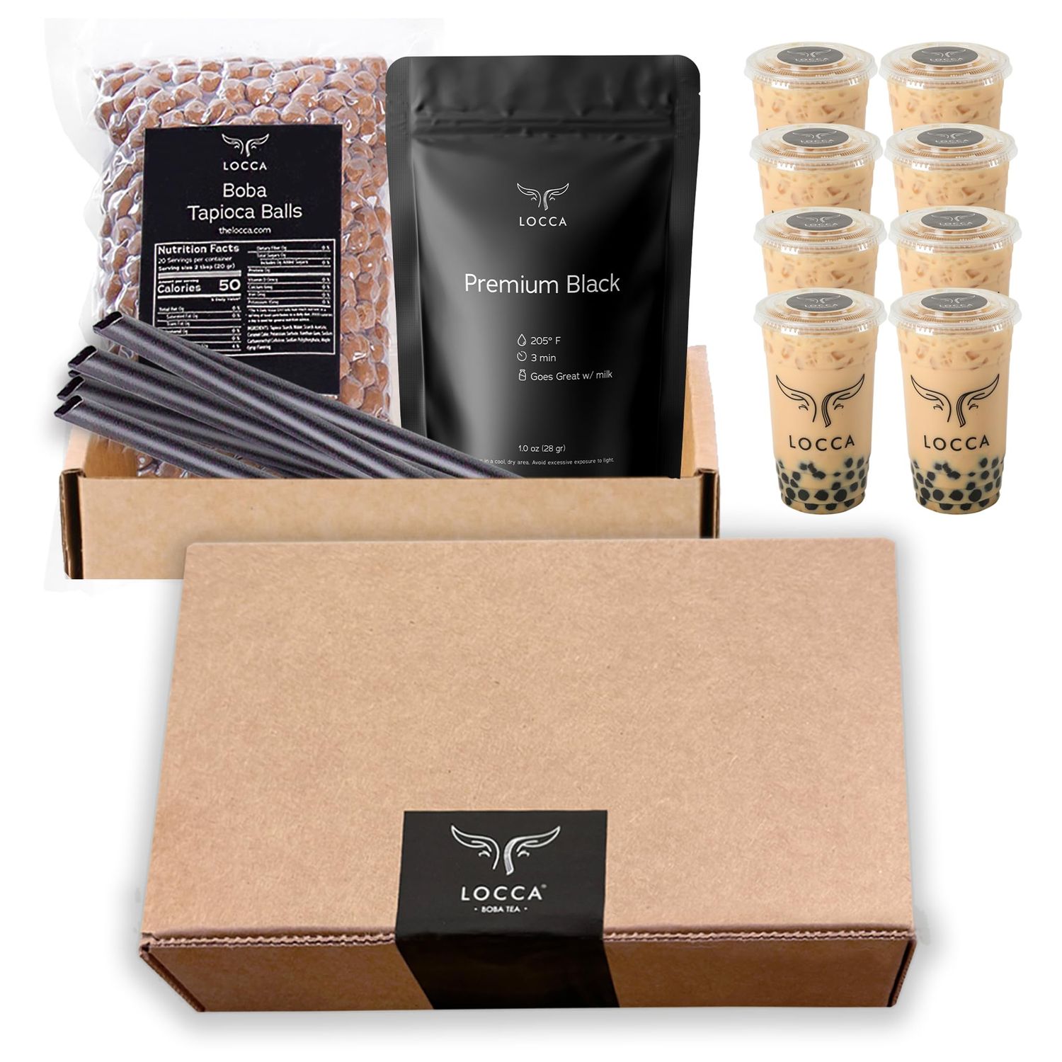 Locca Boba Tea Kit | Black Milk Tea Boba Kit | 8 Servings Premium Boba Kit with Chewy Tapioca Pearls | Boba Balls Boba Making Kit for Kids Teens Adults | Sago Pearls Boba Milk Tea Kit | Bubble Tea Set