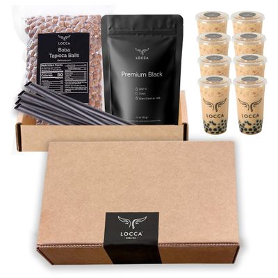 Locca Boba Tea Kit | Black Milk Tea Boba Kit | 8 Servings Premium Boba Kit with Chewy Tapioca Pearls | Boba Balls Boba Making Kit for Kids Teens Adults | Sago Pearls Boba Milk Tea Kit | Bubble Tea Set