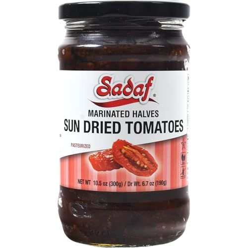 Sadaf Marinated Sun Dried Tomatoes - Halves - Sundried Tomatoes for Cooking and Food Flavoring - Sun Dried Tomatoes in Oil - Kosher - 10.5 Oz Jar