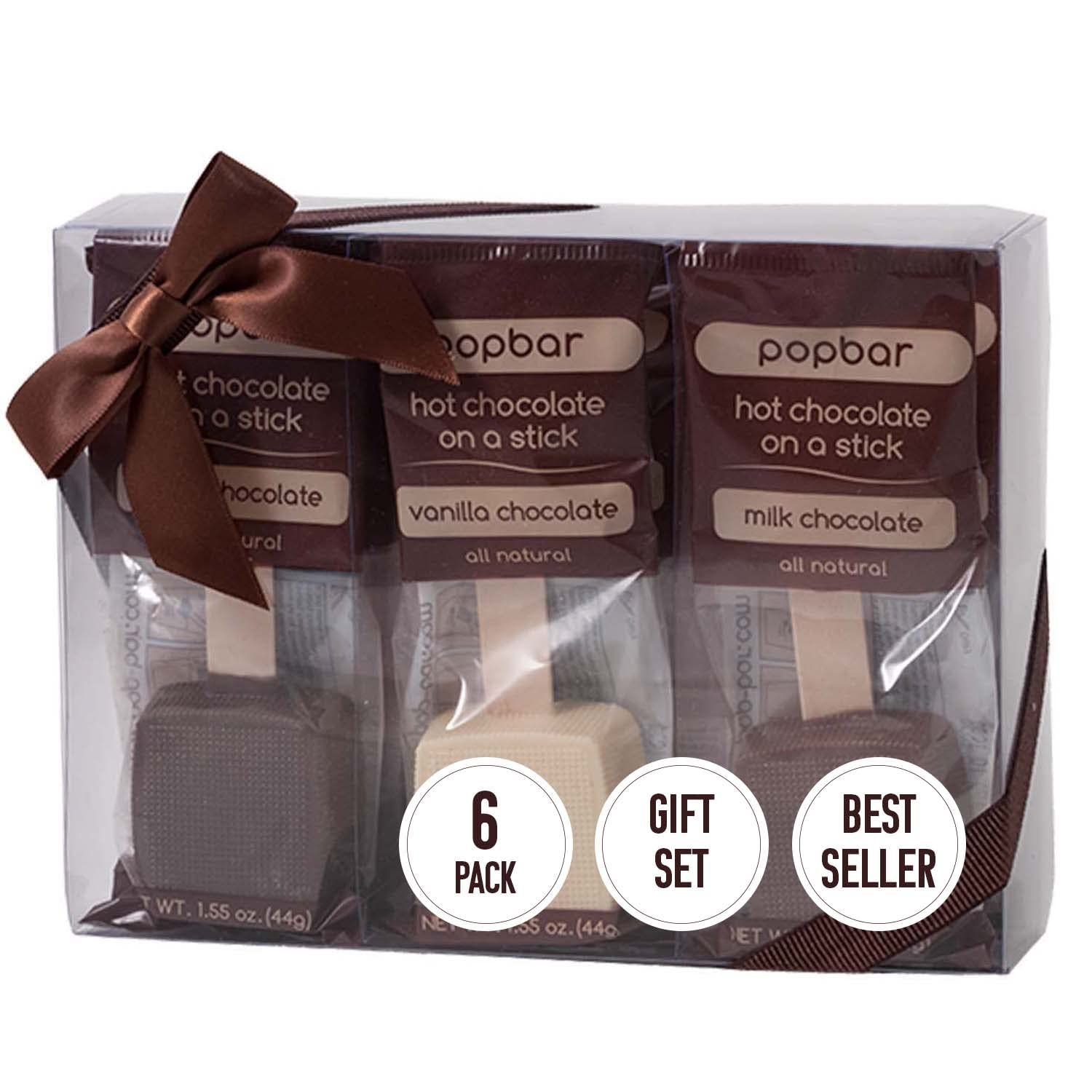 Popbar - Hot Chocolate Sticks - 6 Pack Variety Gift Pack Set Kit- 2 Dark, 2 Milk &amp; 2 Vanilla White. Ideal for Holidays, Valentine&#39;s Day, Birthdays, Thanksgiving, Christmas, Hanukkah, Cocoa Bomb Lovers