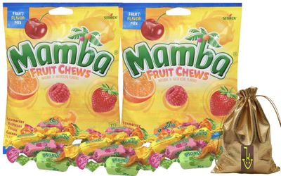 Fruit Chews Candy | Mamba Fruit Flavor Mix - Strawberry, Rasberry, Orange, Cherry, Lemon (3.52 Oz) 2 Bags | Soko Smiles Pocket Candy Bag.