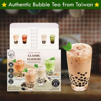 Bubble Boba Tea Kit with Instant Tapioca Pearls and Milk Tea Powders | Makes 8 Drinks | Assorted Classic Flavours include Classic, Matcha, Thai, Vanilla in Individual Sachets | By Moriyama Teahouse
