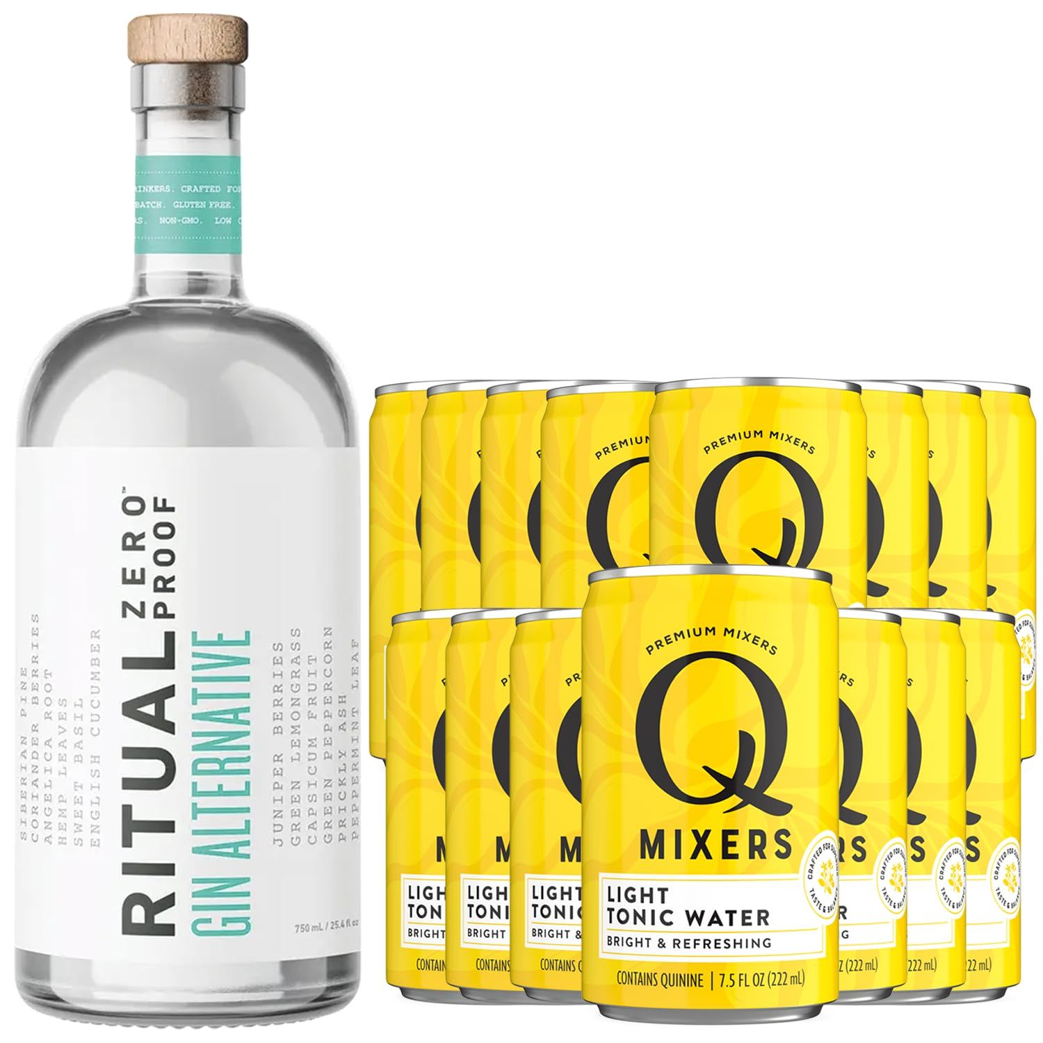 Ritual Zero Non-Alcoholic Gin Alternative with 15 Pack of Q Mixers Light Tonic Water for your favorite Alcohol-Free Mixed Drink