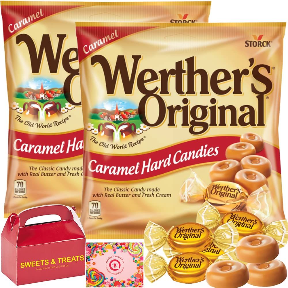 Werther&#39;s Original Caramel Hard Candy Individually Wrapped Creamy Soft Smooth | Treat Box Included (Caramel Classic Real Butter Fresh Cream - 2 Bags)