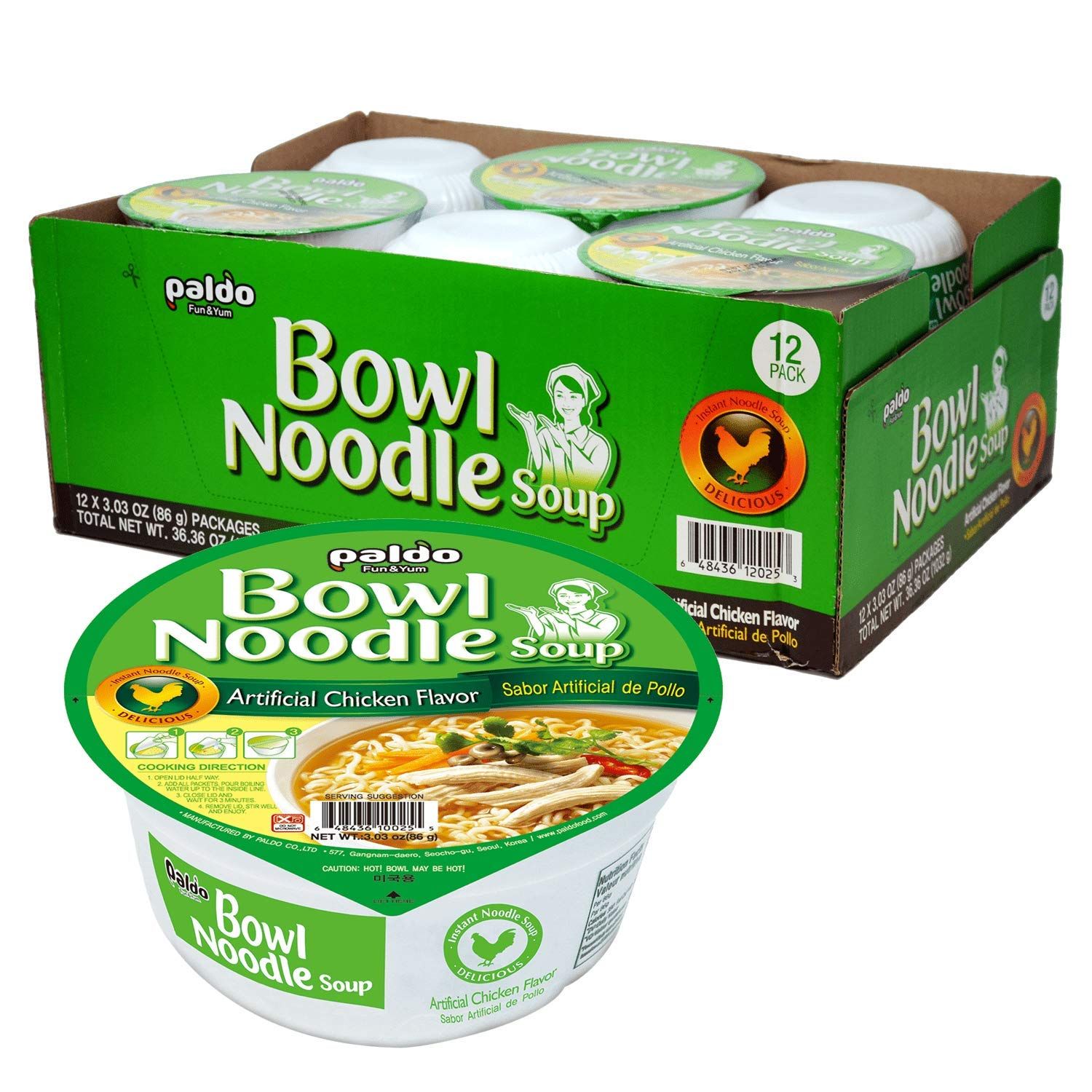 Paldo Fun &amp; Yum Instant Cup Noodle Soup Bowl with Chicken Flavored Broth, Pack of 12, Best Oriental Style Korean Ramyun, Most Loved Korean Noodles,    86g (3.03 oz) x 12