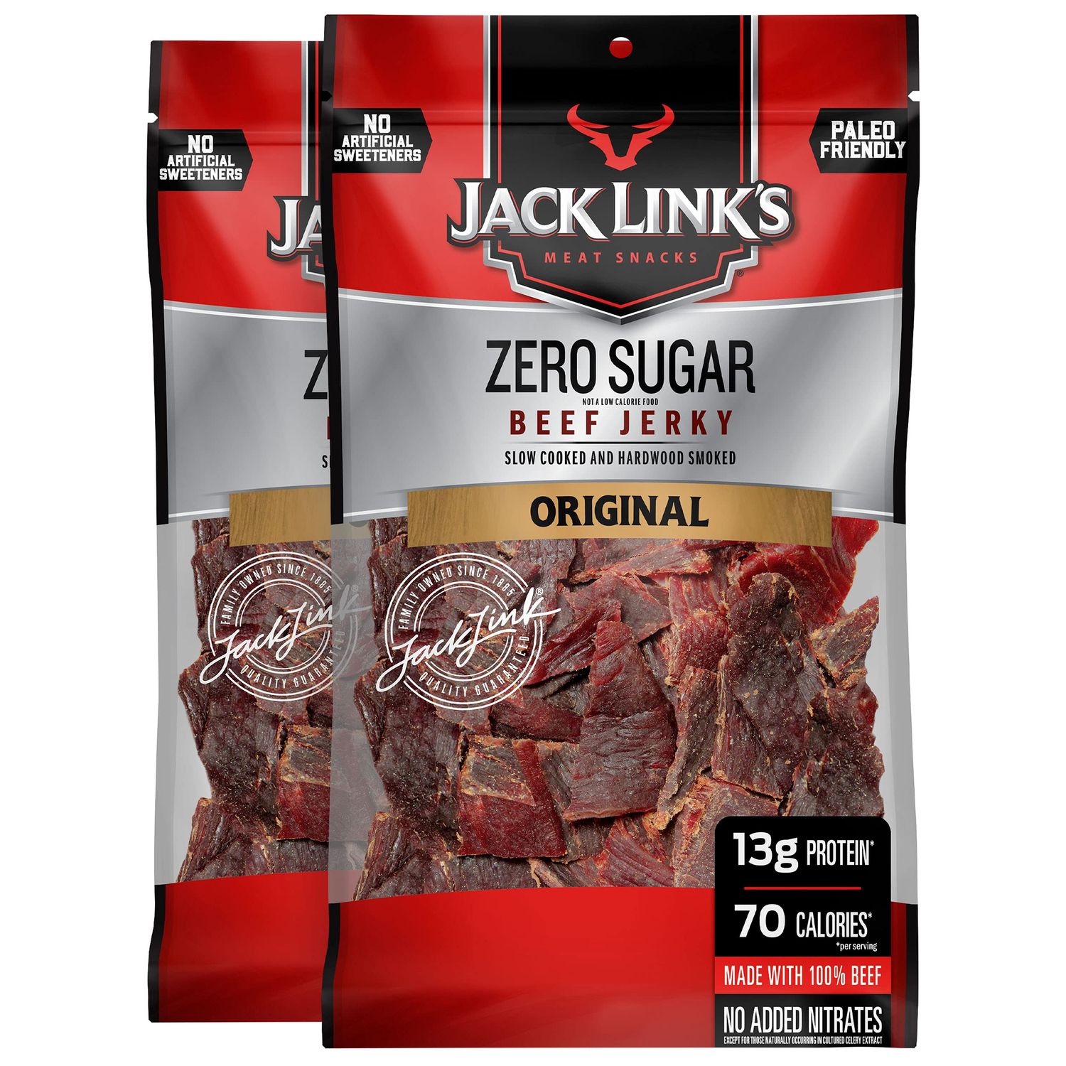 Jack Link&#39;s Beef Jerky, Zero Sugar, Paleo Friendly Snack with No Artificial Sweeteners, 13g of Protein and 70 Calories Per Serving, No Sugar Everyday Snack, 7.3 oz (Pack of 2)