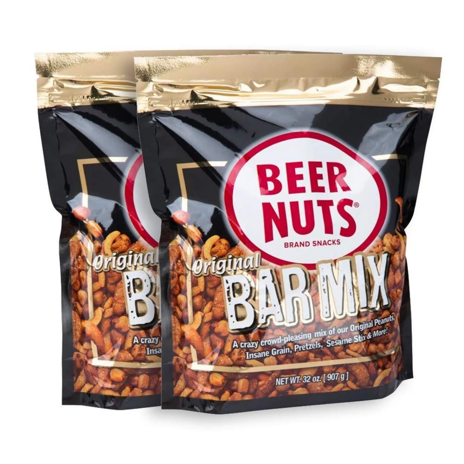 BEER NUTS Original Bar Mix - Crunchy Party Pretzels, Cheese Sticks, Sesame Sticks, Roasted Corn Nuts, &amp; Original Roasted Sweet Glazed Peanuts - Snack Chips Alternative - 32 oz Resealable Bag (2 Pack)