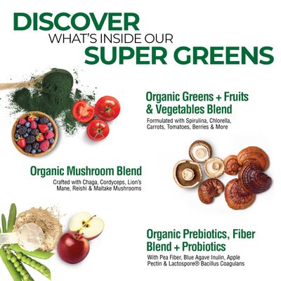 Country Farms Super Greens Natural Flavor, 50 Organic Super Foods, USDA Organic Drink Mix, Fruits, Vegetables, Super Greens, Mushrooms & Probiotics, Supports Energy, 20 Servings, 10.6 Oz