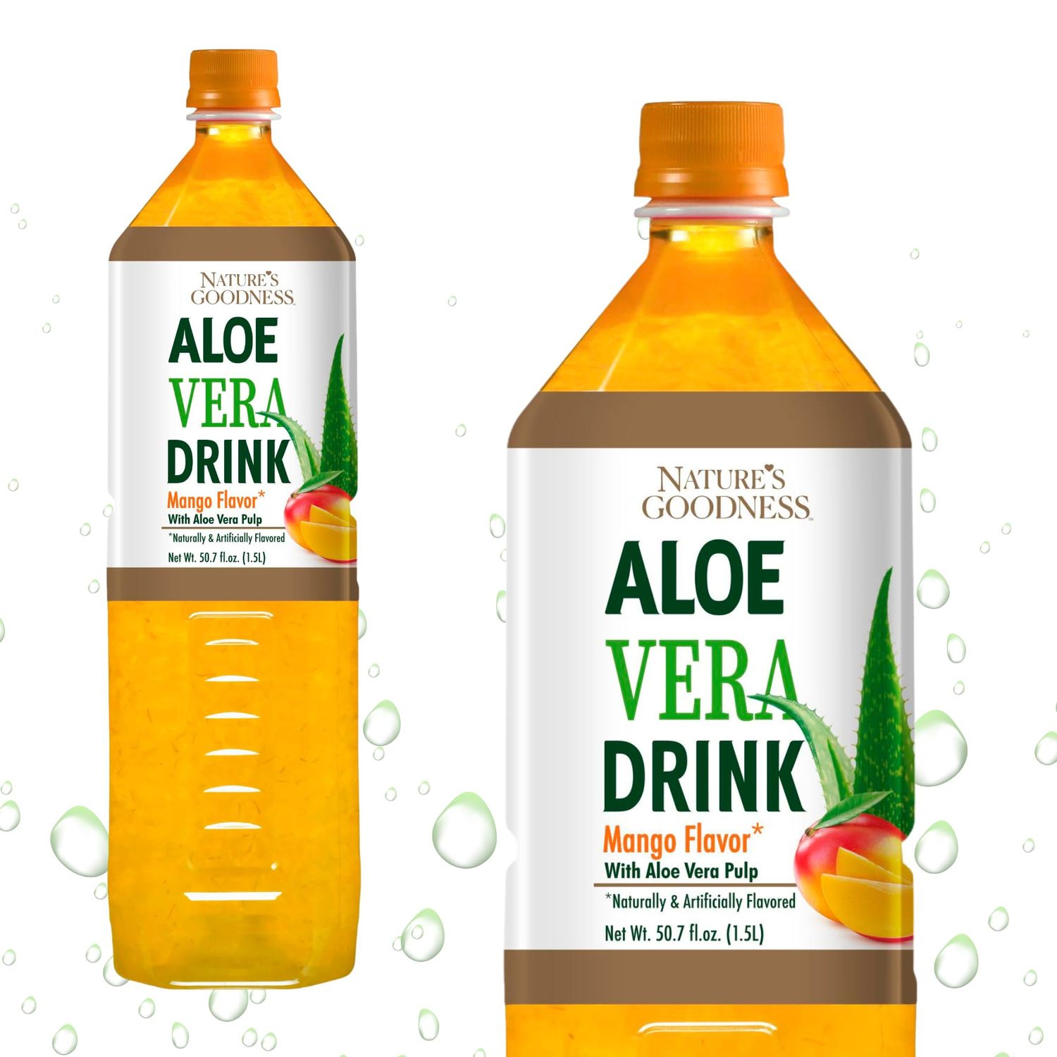Nature&#39;s Goodness Aloe Vera Drink with Pulp Mango Flavor -12 Pack Case - 50.7 Fl Oz (1.5 L) Each - Total 18 Liters - Refreshing Beverage with Real Aloe Vera Juice